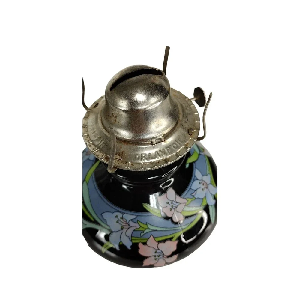 Kaadan LTD 80s Vintage Hand-Painted Black Glass Bamboo Floral Design Oil Lamps